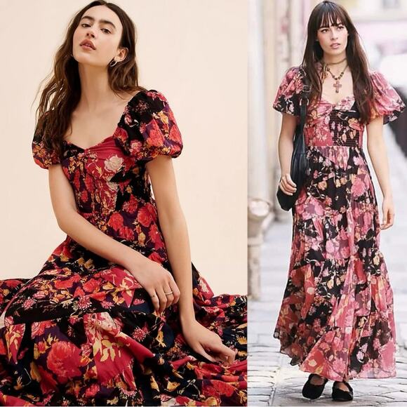 Free People XL Bohemian Gypsy Maxi Dress Red Black Floral Ruffles Dainty Fall - Picture 1 of 16